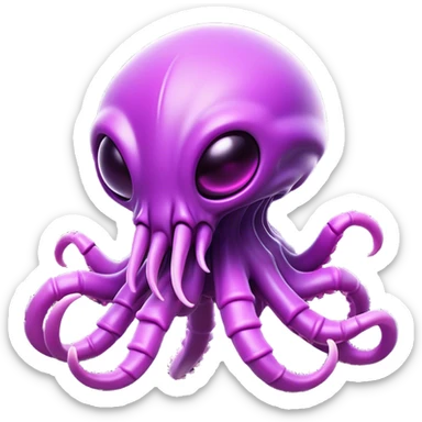 Clash of Clans aesthetic: Cinematic Playful Zerg Alien Emoji, rendered in a 3D vector-style similar to standard emojis with minimal shading and bold, simplified shapes. A compact, isometric, otherworldly creature with insectoid, organic details and subtle, eerie tentacles, softly glowing with a sinister alien charm. Simplified yet unmistakably iconic, highly detailed and consistent, glowing with a soft, spectral radiance and high shine. Stylized with a touch of bio-engineered mischief and a soft glowing outline, capturing the essence of a fearsome extraterrestrial menace with a playful twist! sticker