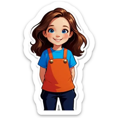 Little Girl, white skin, bronze hair, smile, tutor, bright blue t shirt sticker