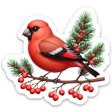 3D emoji of a bright red bullfinch bird (Snegir) sitting on a pine branch covered in fluffy white snow and red frozen rowan berries. Vibrant colors, soft feathers texture, glossy 3D icon style, Apple aesthetic, isolated on a solid white background, studio lighting. sticker