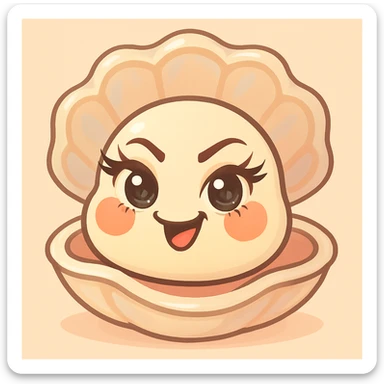 Enhance the oyster's eyes to be even more expressive and luminous with long, elegant eyelashes. Accentuate the pastel, pearly, cream, peach, and greige nuances more strongly. Keep the shell large and the oyster small. Maintain the pastel toon style, the background, and the mischievous expression as is. sticker