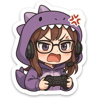 chibi anime style gamer girl with glasses, brown hair, dark purple eyes, wearing a purple dinosaur costume, rage emote sticker