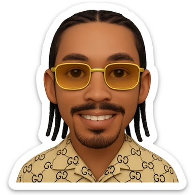 Create an emoji style smiley with a thin face, slightly lighter skin tone, chin-only beard (no hair under the lower lip), mustache only above the upper lip, no hair under the lower lip, very detailed black braided hair starting from the roots and falling to the sides and back as shown in the reference photos, rectangular golden sunglasses, beige top with GG pattern and visible collar, transparent background. Faithful details to the photo. sticker