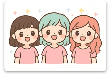 three girl best friends, cute cartoon style, bust view, all in pink tops, smiling, friendly and joyful sticker