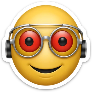 Yellow smiley face head with sunglasses, but the right eye is a red robot eye sticker