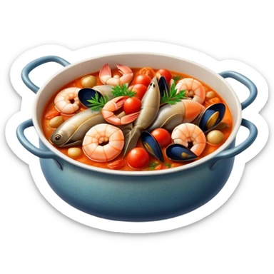 Cinematic Realistic Buzara Seafood Dish Emoji, depicted as a rustic, flavorful seafood stew with shellfish rendered with rich textures and dynamic, maritime lighting. sticker