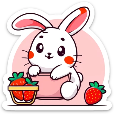bunny picking strawberries in the woods, sweet pastel red sticker