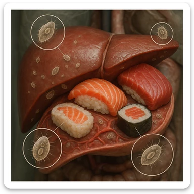 Hyperrealistic 4K anatomical view of a human liver in section, with sushi and raw fish full of clearly visible protozoa, realistic anatomical details, medical atmosphere, protozoa highlighted and enlarged. sticker