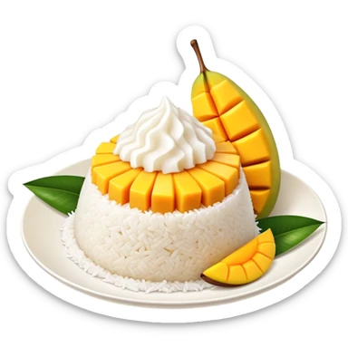 cinematic-realistic-mango-sticky-rice-dessert-emoji,-showcasing-sweet-sticky-rice out of a mould-paired-with-ripe-mango-slices-and-coconut-milk-rendered-with-lifelike-detail-and-warm,-inviting-lighting with the coconut  milk over the rice sticker