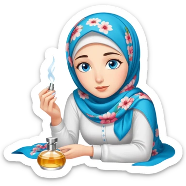 Turkish beautiful finish Konya girl blue eyes with floral hijab smells perfume on the floor  sticker