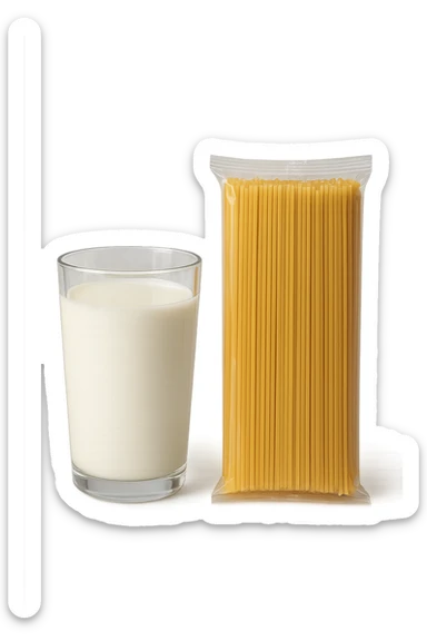 bicchiere di latte accanto a pacco di pasta sticker