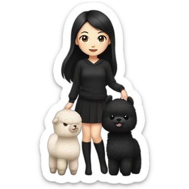 cute asian girl with black hair with black clothes holding an alpaca sticker