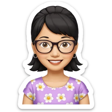 filipino woman black hair in one pony tail with straight bangs and big glasses, 60 yr old, nice dress

 sticker