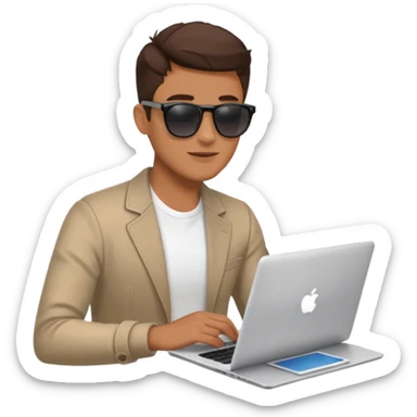 stylish man in sunglasses sitting with a laptop and coffee sticker