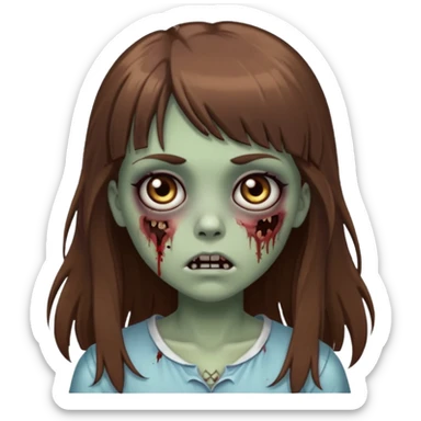 Zombie girl emoji with long brown hair, bangs, big black eyes sticker
