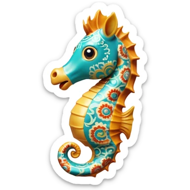 Cinematic Realistic Comical Sea Horse Portrait Emoji, Head tilted dramatically with an exaggeratedly amused expression, featuring a striking, finely detailed body with bold, whimsical patterns and wide, expressive eyes full of playful disbelief, rendered with natural, vibrant hues and realistic texture; high shine, dramatic yet playful, styled with an air of cheeky aquatic mischief, soft glowing outline, capturing the essence of a spirited and over‐the‐top sea horse that looks ready to bob its way into viral fame! sticker