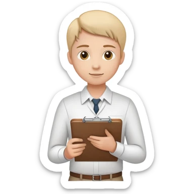 intern or volunteer holding a clipboard and pencil, ready to take notes or assist. The character wears a simple shirt and has an eager posture sticker