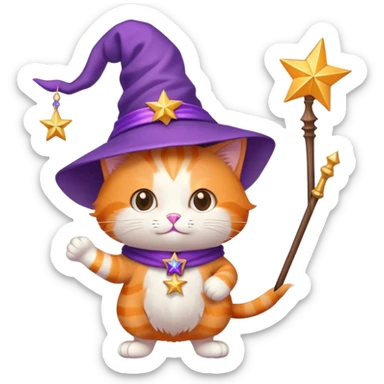 Orange cat wearing a purple wizard hat and holding a magic wand with a star at the tip sticker