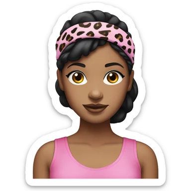 Light skin black girl with black hair wearing a pink top and leopard print plastic head band sticker