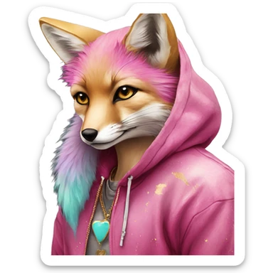 Pink magenta burgundy maroon cyan beige gray fox wearing a pink hoodie with gold jewellery gold piercings gold ear piercing gold nose piercing vintage watercolour tie dye black raven wings sticker