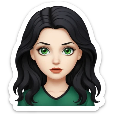 Mean looking white girl with long, wavy black hair, green eyes, and wearing makeup. sticker