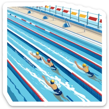An icon featuring an Olympic swimming pool with multiple lanes and swimmers racing side by side. Splashes and lane dividers highlight the competition atmosphere. Transparent background emphasizes the energy, speed, and intensity of professional swimming events. sticker