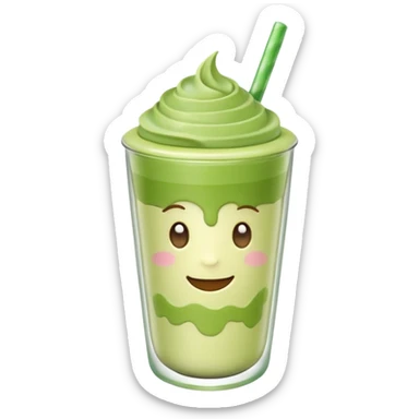 Emoji glossy 3D de un vaso de matcha latte, vaso de vidrio transparente con matcha espumoso verde pastel, capas suaves de leche y matcha, brillo intenso tipo sticker, sombras delicadas, fondo transparente, estilo cute moderno, alta calidad sticker