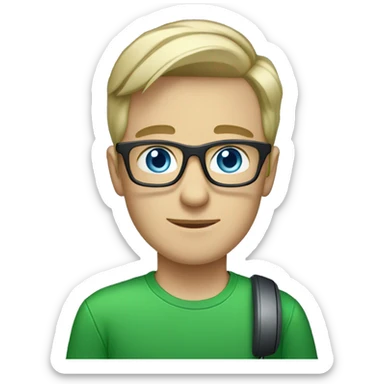 white young man with square glasses and blue eyes wearing green t-shirt with laptop and headset sticker