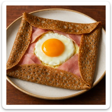 a French crepe with ham, cheese, and a sunny-side-up egg, savory galette style, photorealistic sticker