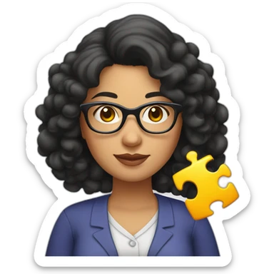 plump woman teacher in glasses with curly black hair holding large puzzles in her hands sticker