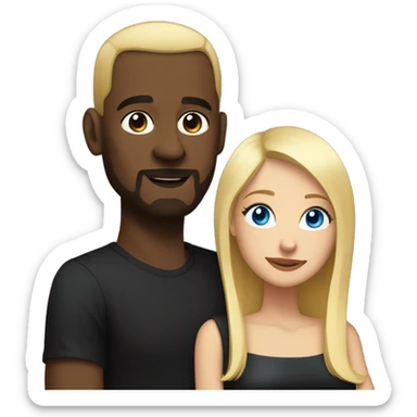 Blonde woman with blue eyes and long straight hair wearing a short black dress and a black man who is bald with a goatee seated together on a sofa enjoying a passionate embrace.   sticker