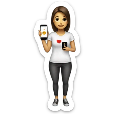 mujer con celular en mano y una remera que diga "I love chisme" sticker