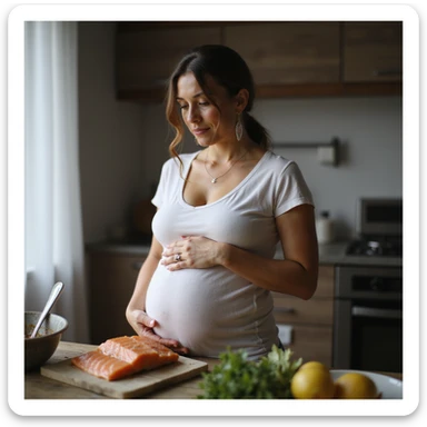realistic pregnant woman in 4K cooking at home, setting aside raw salmon and choosing well-cooked fish instead, serene and protective expression sticker
