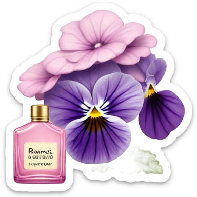 composition of aesthetically pleasing purple pansies, pastel pink daisies and a rosy vintage-style perfume bottle sticker