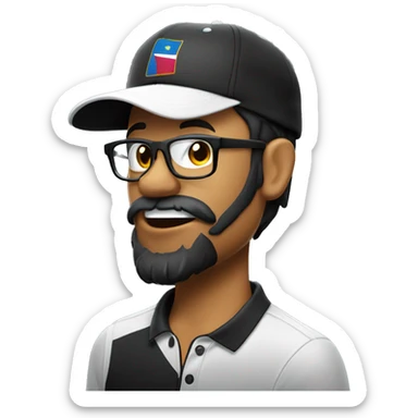 filipino golfer face wearing black rimmed glasses, 5 o clock shadow beard, wearing black cap. with silly face tongue out sticker