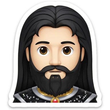 Saturn, God of Time with long black hair and beard, black sequin outfit sticker