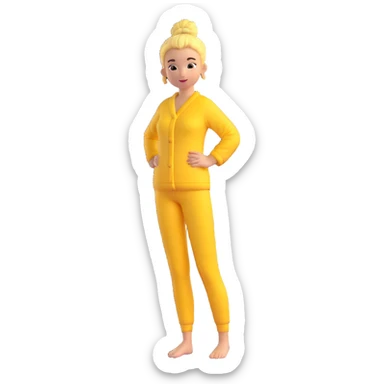 woman standing, wearing yellow pajamas, hair in a bun, full body sticker