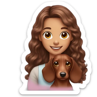 Girl long curly brown hair smiling and brown eyes with long eyelashes and holding a dachshund  in her arms sticker