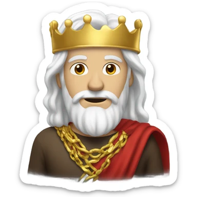 White man with long white hair wearing gold crown with red bandana around his neck sticker
