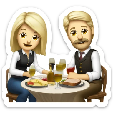 Repas raclette et deux verres de vin blanc en couple 50 ans, femme blonde cheveux aux-dessus des épaules homme petite barbe et moustache grisonnantes et cheveux bruns sticker