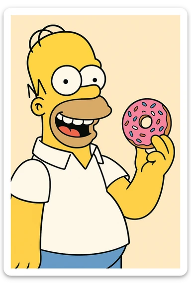 Homer Simpson smiling and holding a pink frosted donut, cartoon style, bright colors, simple background sticker