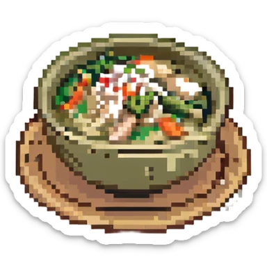 pixel art style thai green curry, with chicken and vegetables in a bowl, retro game style sticker