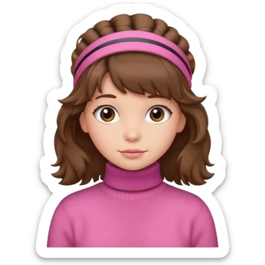 brown fluffy haired girl with pink turtleneck sweater and hair band sticker