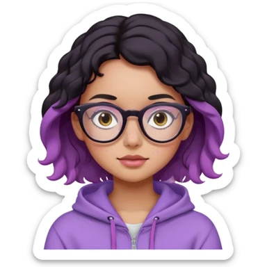 emoji of a woman, slighty tanned skin, cute freckles, pink cheeks, wavy black hair, big frame glasses and cute eyes, wearing a lilac hoodie  sticker