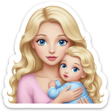 Blonde baddie with long hair Pretty makeup long lashes blue  eyes ,   light pink lips holding baby sticker