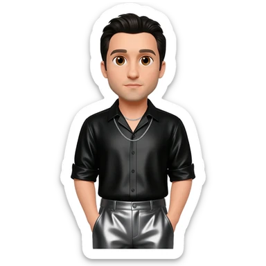 Joseph Gordon Levitt with brown eyes, black hair, black metallic shirt, charcoal metallic baggy pants, silver necklace sticker
