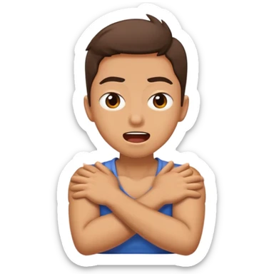 arms crossed around neck mouth open eyes squinting sticker