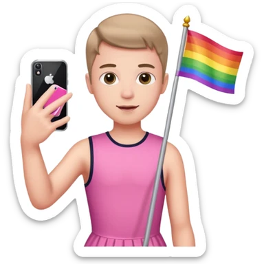 Make a boy in a pink dress hold a gay Flag in one hand and a phone in gis Otter while taking selfie sticker