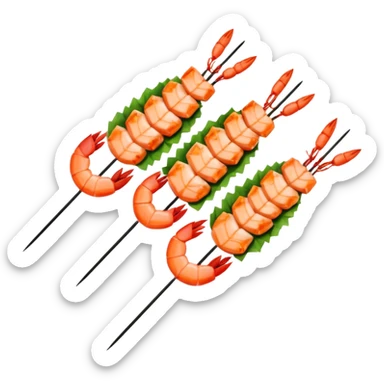 Draw grilled prawns on skewers with herbs & lemon slices. sticker
