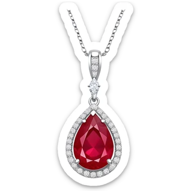 teardrop-shaped ruby pendant cradled in a delicate silver chain, haloed by shimmering white stones sticker