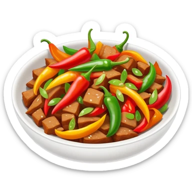 Hunan spicy stir-fried pork with colorful peppers, simplified emoji style with bold outlines and bright colors, cartoon style Chinese spicy dish sticker
